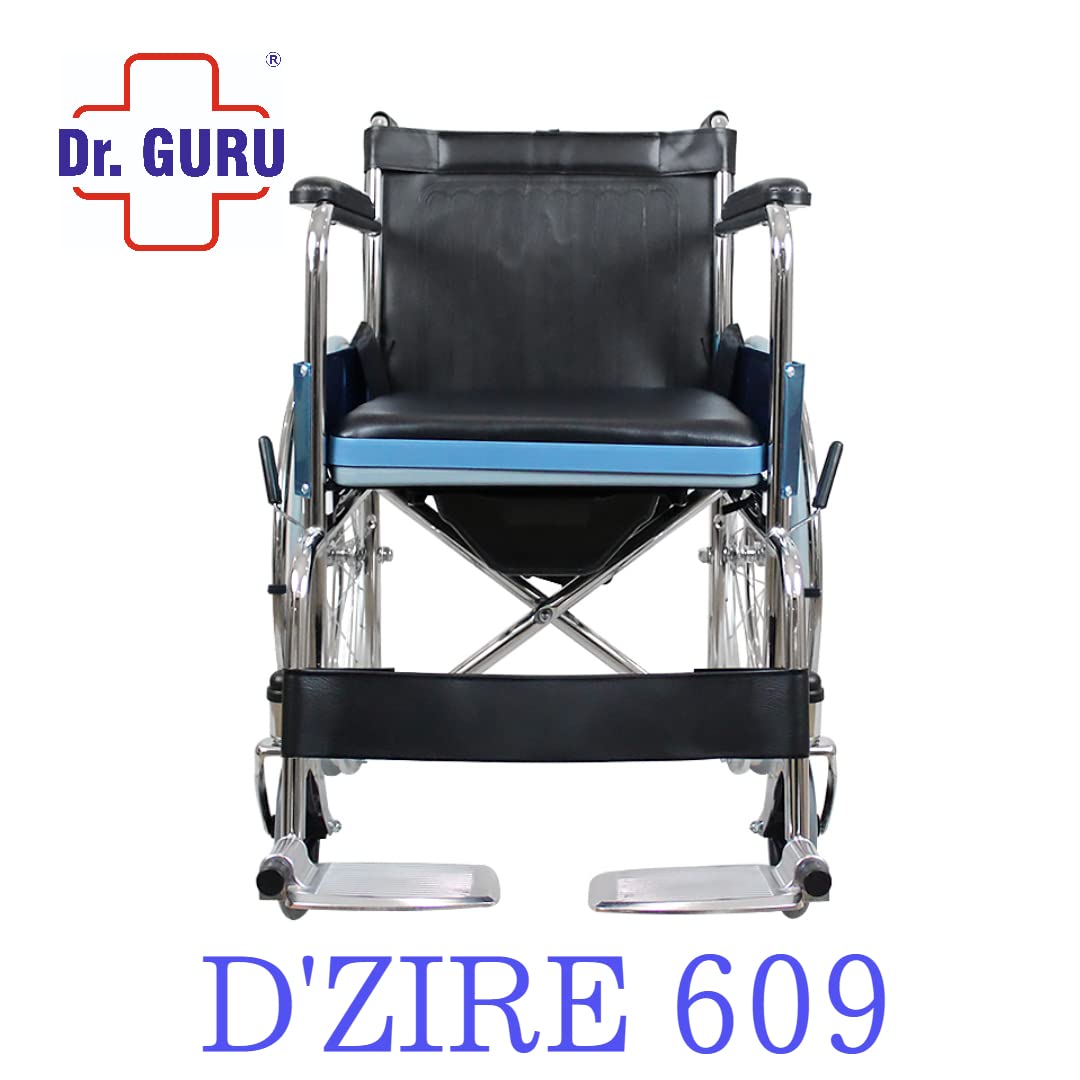 Dr. GURU D'ZIRE 609 Premium Imported Commode Cum Wheelchair | Foldable whelchair with Detachable Cushion Seat for extra comfort | 18" wide seat Toilet Wheel Chairs | Wheel chairs for old people