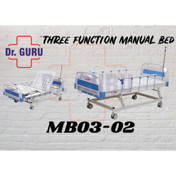 Dr. GURU MB03-02 - Three Function Manual Bed | with ABS Handle | Head & Leg Position & Height Adjustable | Premium Imported Bed | Heavy Quality | Wheels and Side Railing attached