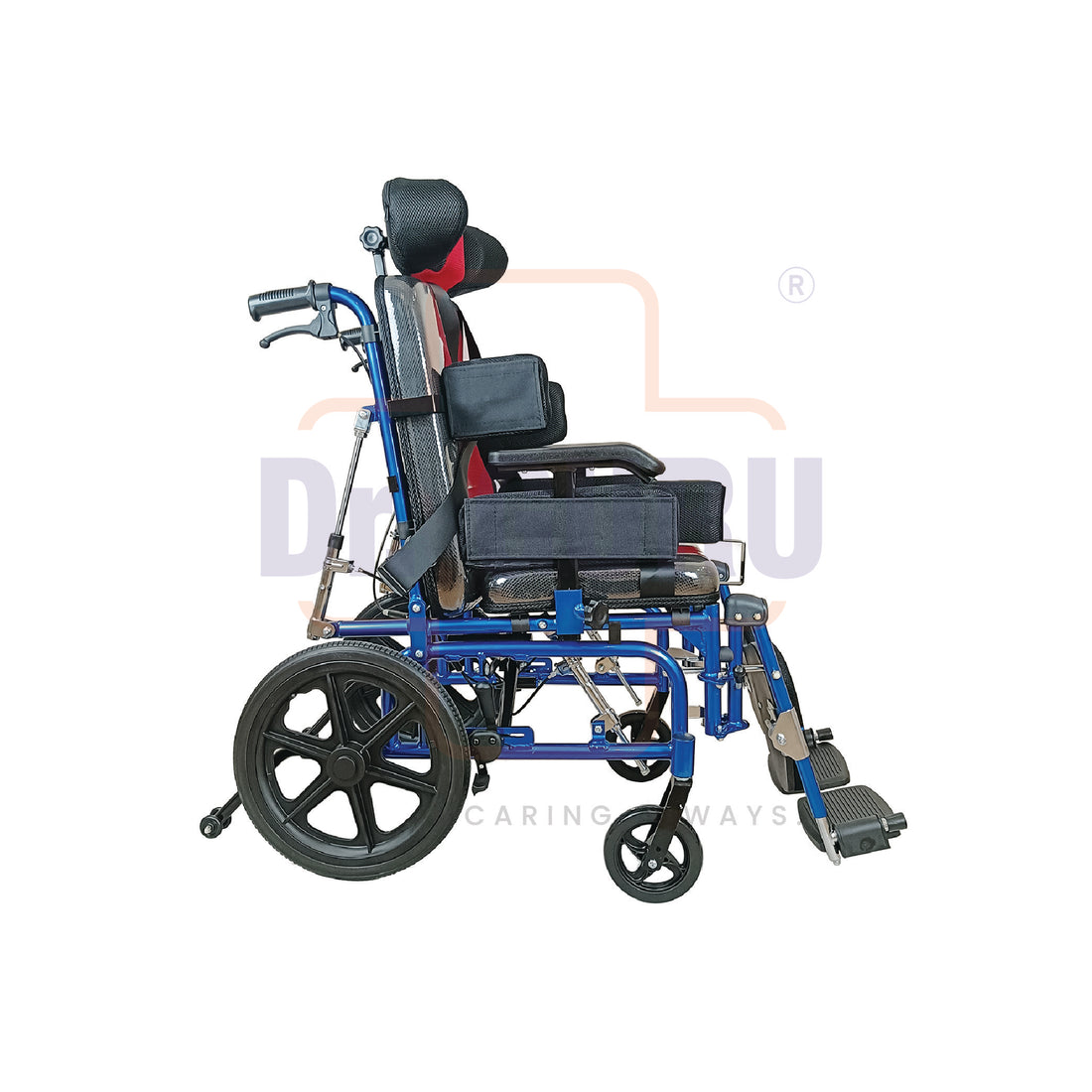 Dr. GURU CP Adult 958L | Premium Reclining Foldable Wheelchair For Cerebral Palsy People | Seat width 46CM & Back Upholstery | Adjustable Height for Armrest & Footrest - Red