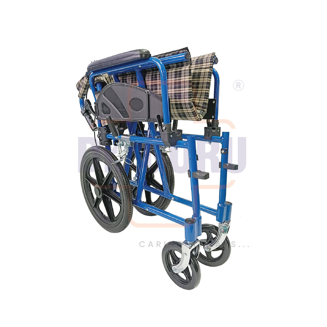 Dr. GURU EECO 973L Foldable ALUMINIUM Transport Wheelchair with Flip Back Arms, Swing-Away Footrests and 16 Inch Tyre, Fancy Checks Breathable upholstery, Blue Nano coating aluminium frame