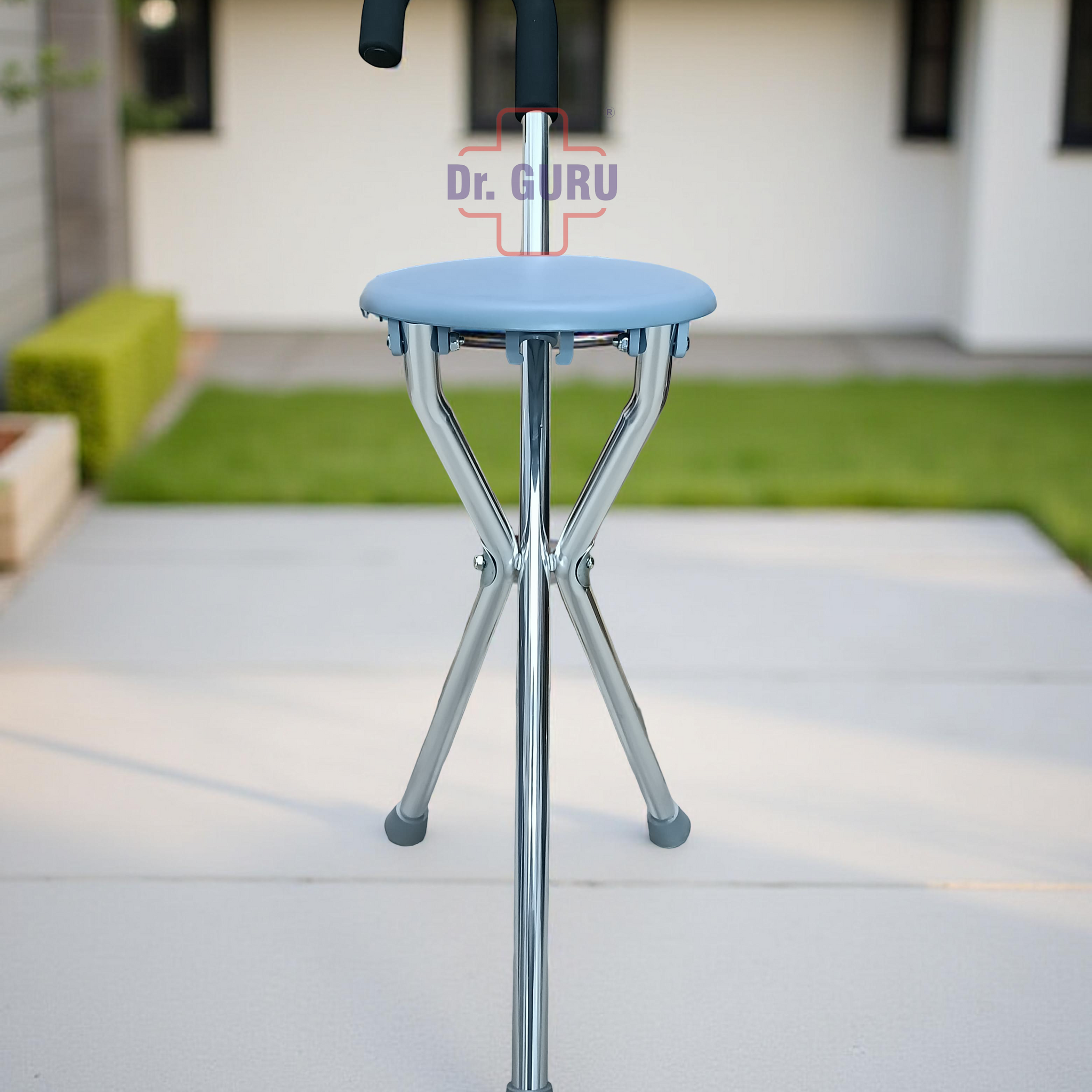 DR. GURU SEAT CANE 916B | 2-in-1 Mobility Aid: Foldable Walking Cane with Built-In Seat for Rest on the Go| Lightweight & Foldable| Comfort Grip Handle| Sturdy Construction