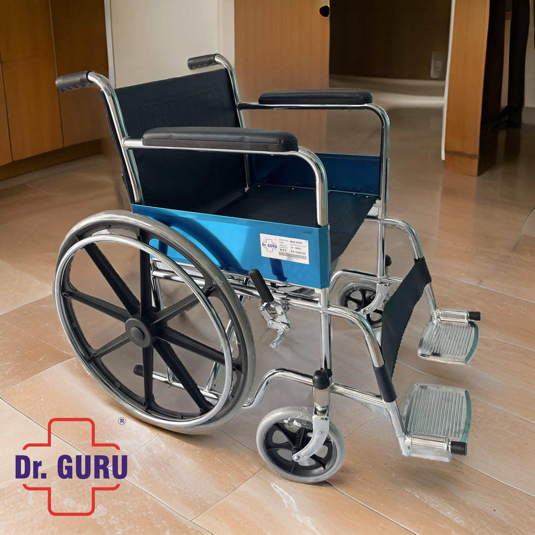 Dr. GURU MAC 809B | Imported Mag Wheelchair | Premium Wheelchair with plastic PVC footrest & Chrome Finish | Load capacity 100-110KGS